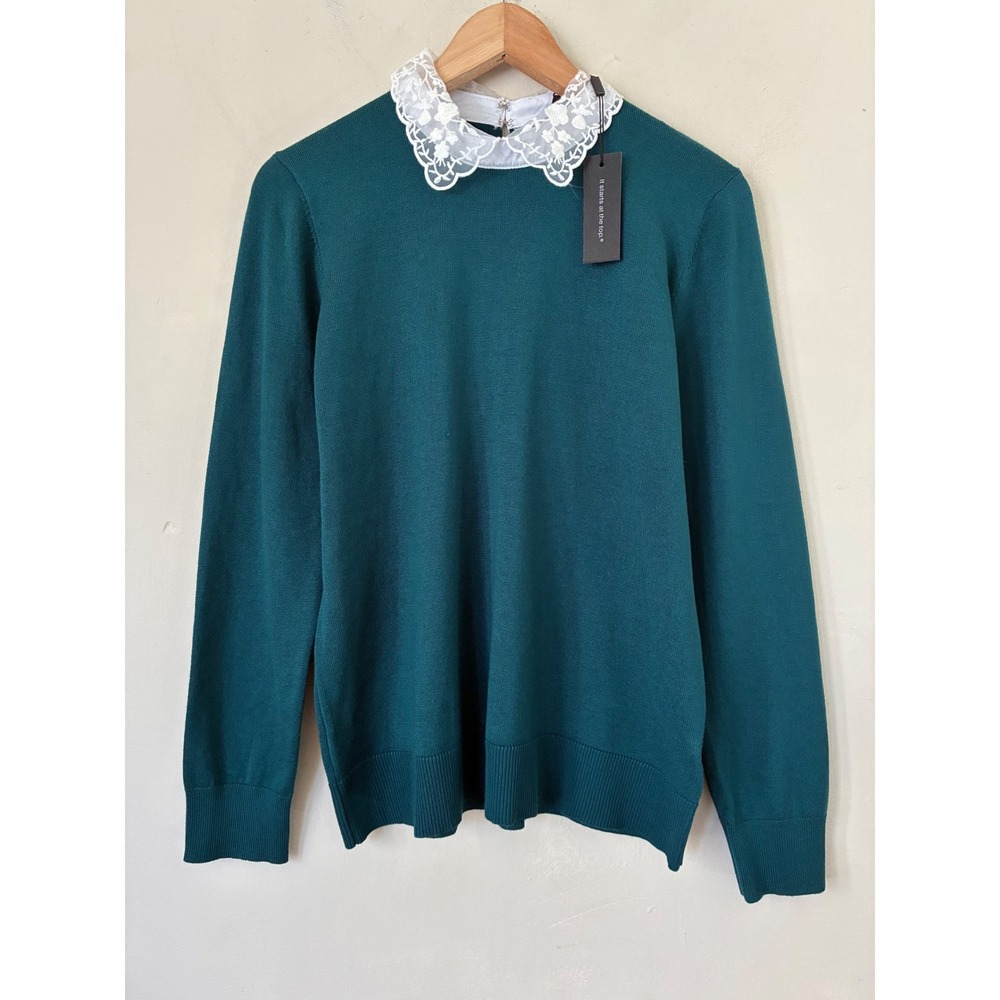 Cable & Gauge Teal Green Lace Collar Sweater NWT L Floral Peter Pan Knit Casual